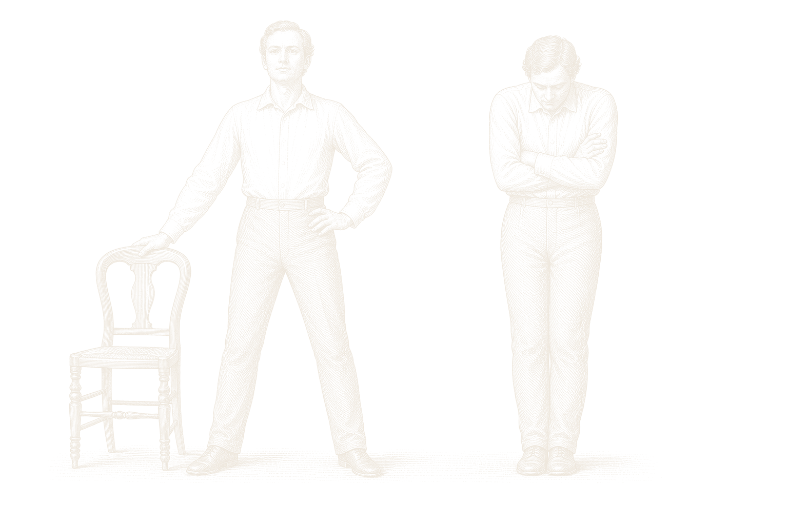 Engraved figure study of a man in an open posture beside a man in a closed posture